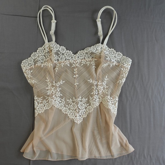 Unbranded Tops - Y2K Lace Trim Cami Top Med Beige Cream Sheer Mesh Coquette Fairy Feminine Dainty